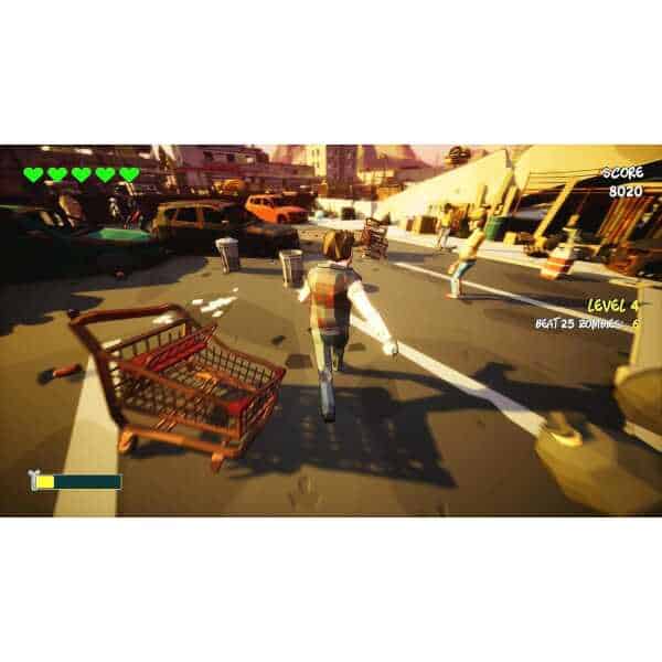 Player character wielding a weapon in chaotic urban environment.