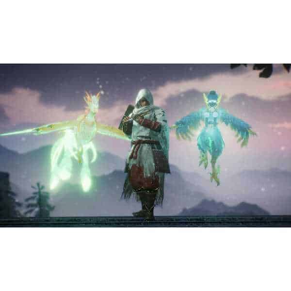 Nioh 3 game scene with warrior and mystical spirit guardians at sunset.