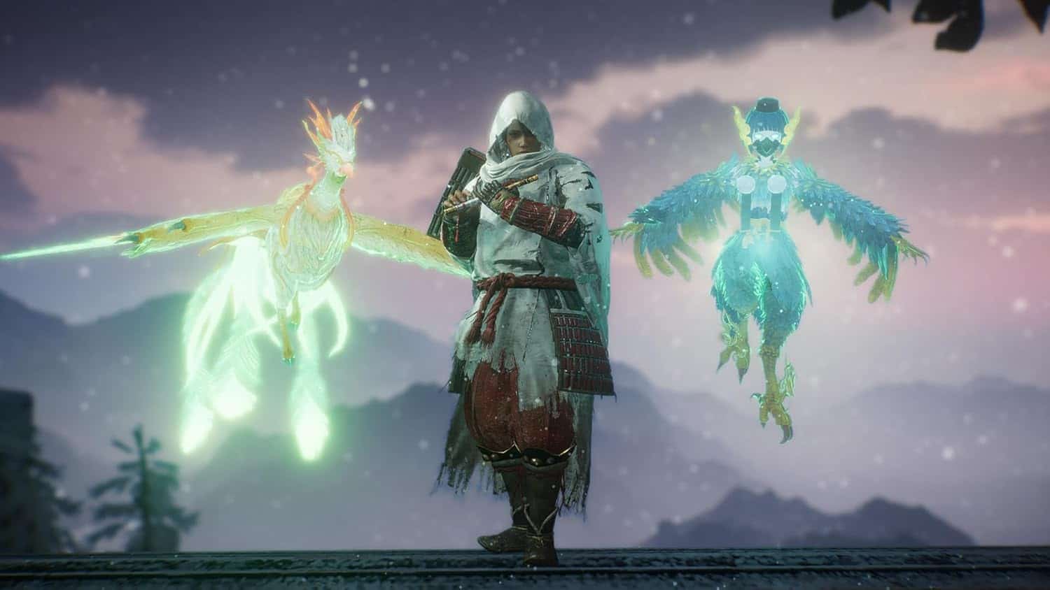 Nioh 3 game scene with warrior and mystical spirit guardians at sunset.