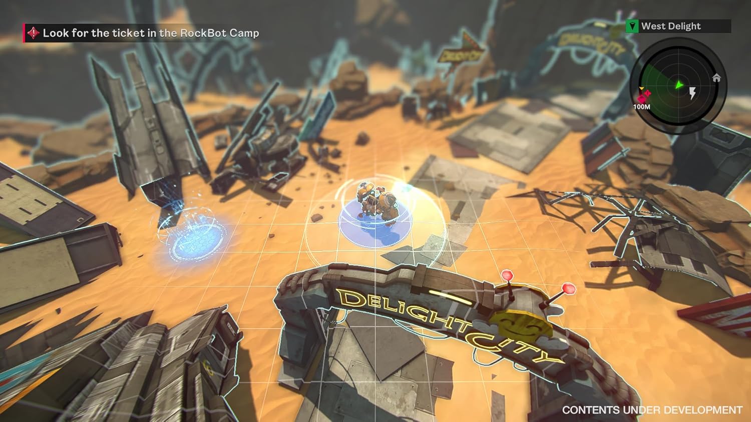 Gameplay screenshot from STARBITES Deluxe Edition showing futuristic cityscape and game elements.