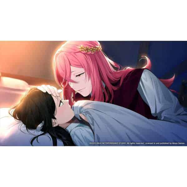 Anime character with pink hair and a gentle expression, lying close to a sleeping person.