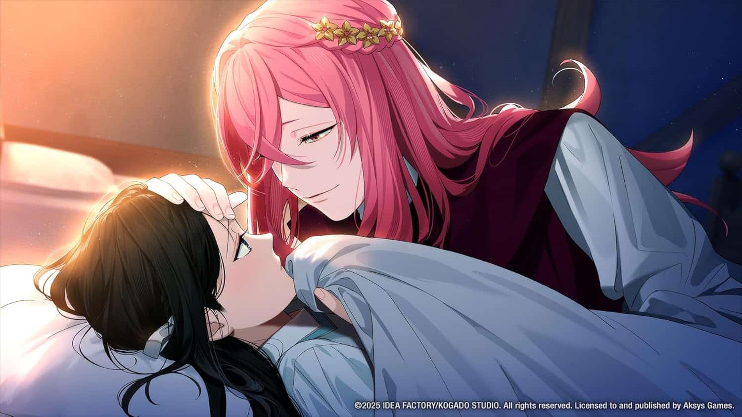 Anime character with pink hair and a gentle expression, lying close to a sleeping person.