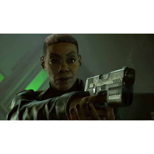 Woman holding a futuristic handgun in a gaming environment.