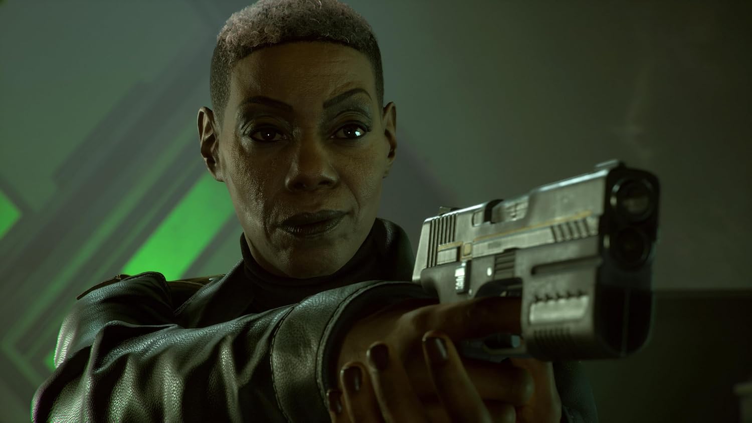 Woman holding a futuristic handgun in a gaming environment.
