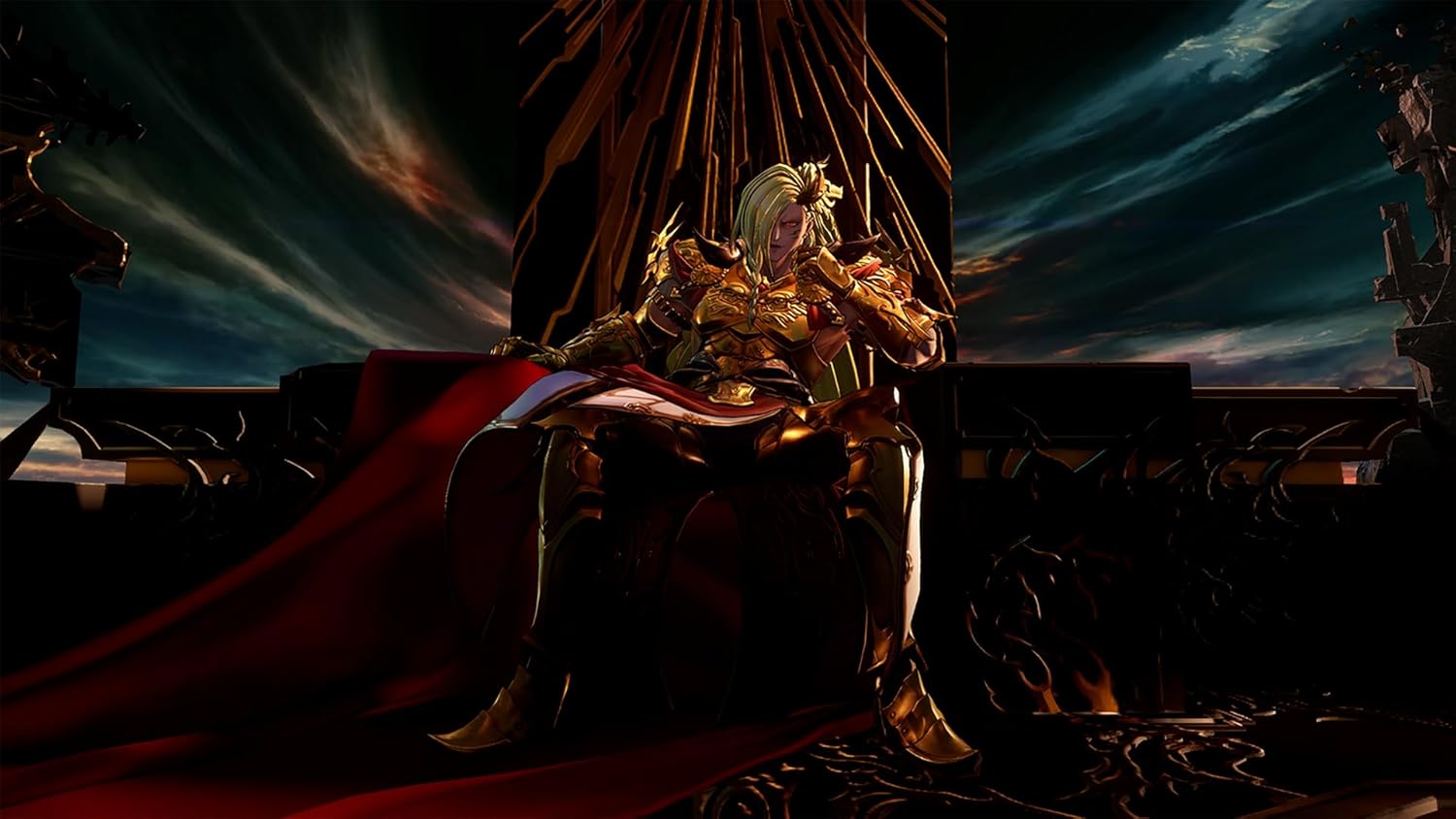 Fantasy warrior sitting on throne with dramatic background at Gameware.