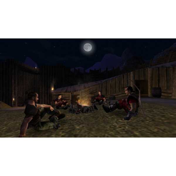 Medieval night camp scene with characters sitting around a campfire under moonlight.