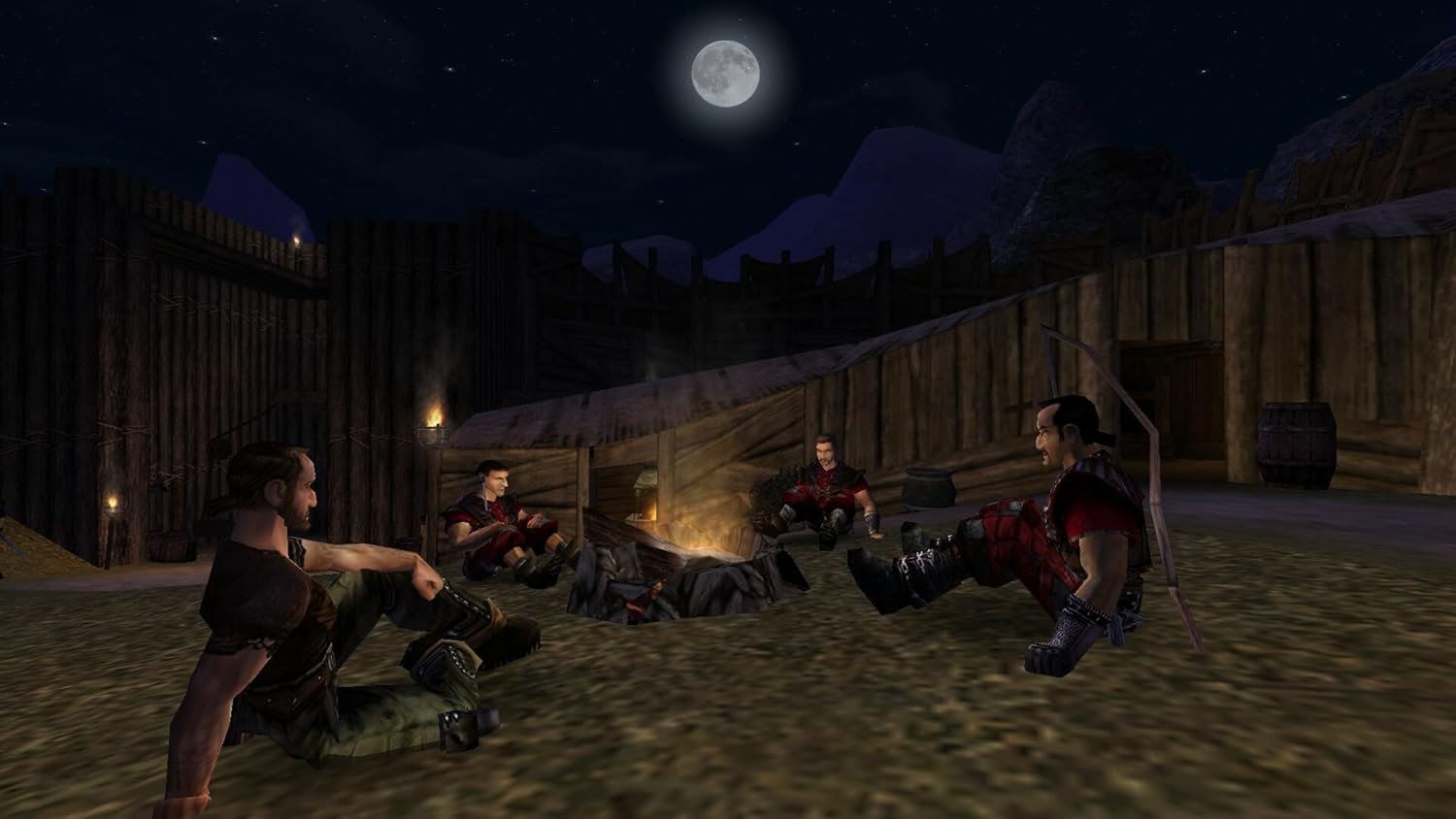 Medieval night camp scene with characters sitting around a campfire under moonlight.