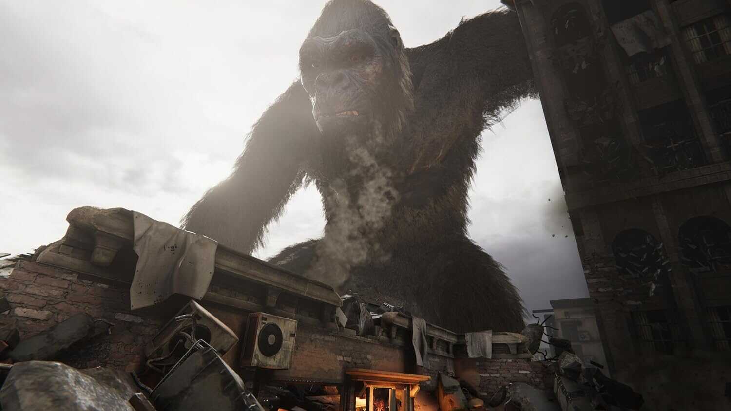 Giant gorilla attacking city buildings in Kong: Survivor Instinct game scene.