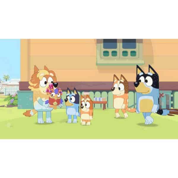 Cartoon animal family with puppies and kittens in a cozy home setting.