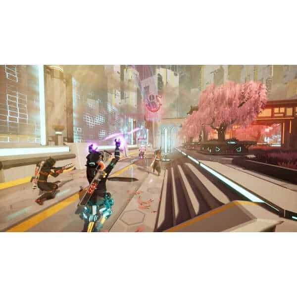 Futuristic cityscape with characters engaged in combat, neon lights, and cherry blossom trees, showc.