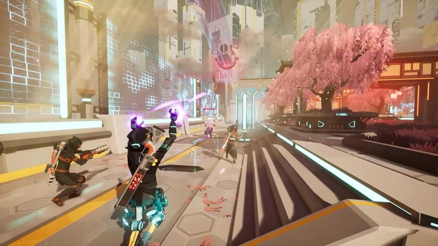 Futuristic cityscape with characters engaged in combat, neon lights, and cherry blossom trees, showc.