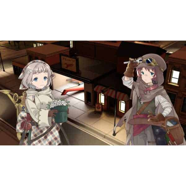 Fantasy city street scene with two young girls in detailed costumes.