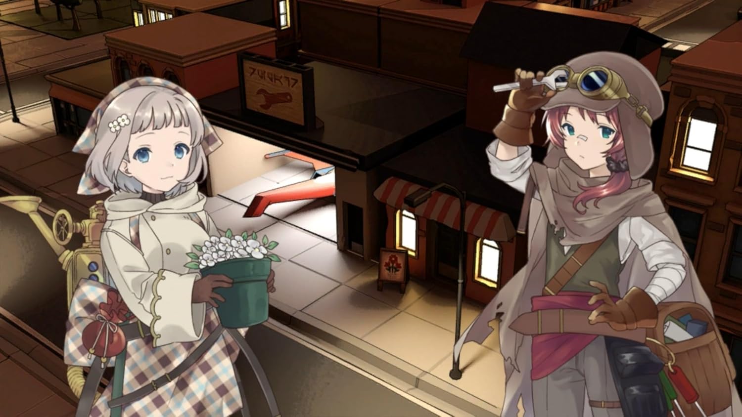 Fantasy city street scene with two young girls in detailed costumes.