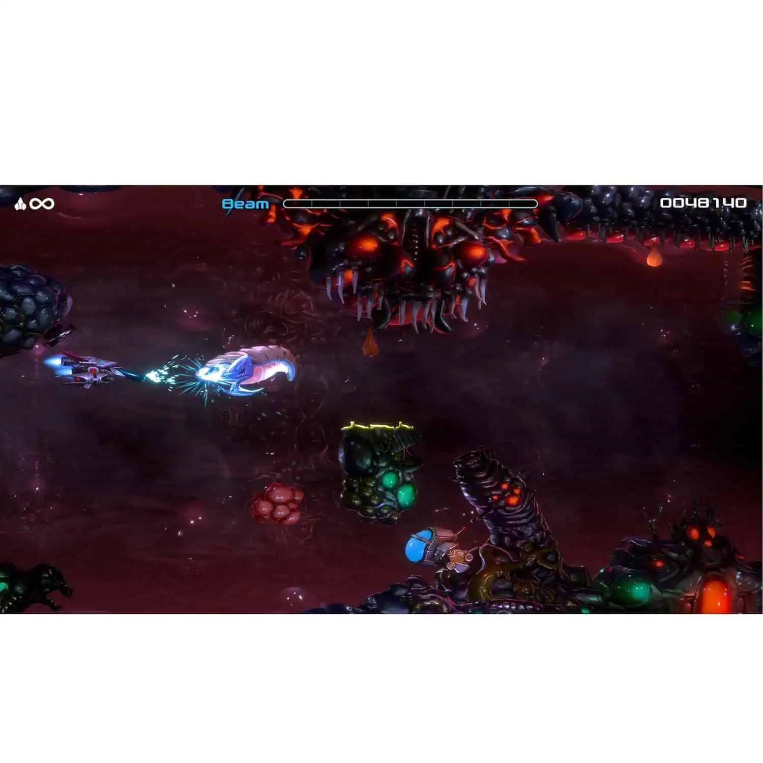 Classic R-Type Dimensions III spaceship battling alien enemies in space.