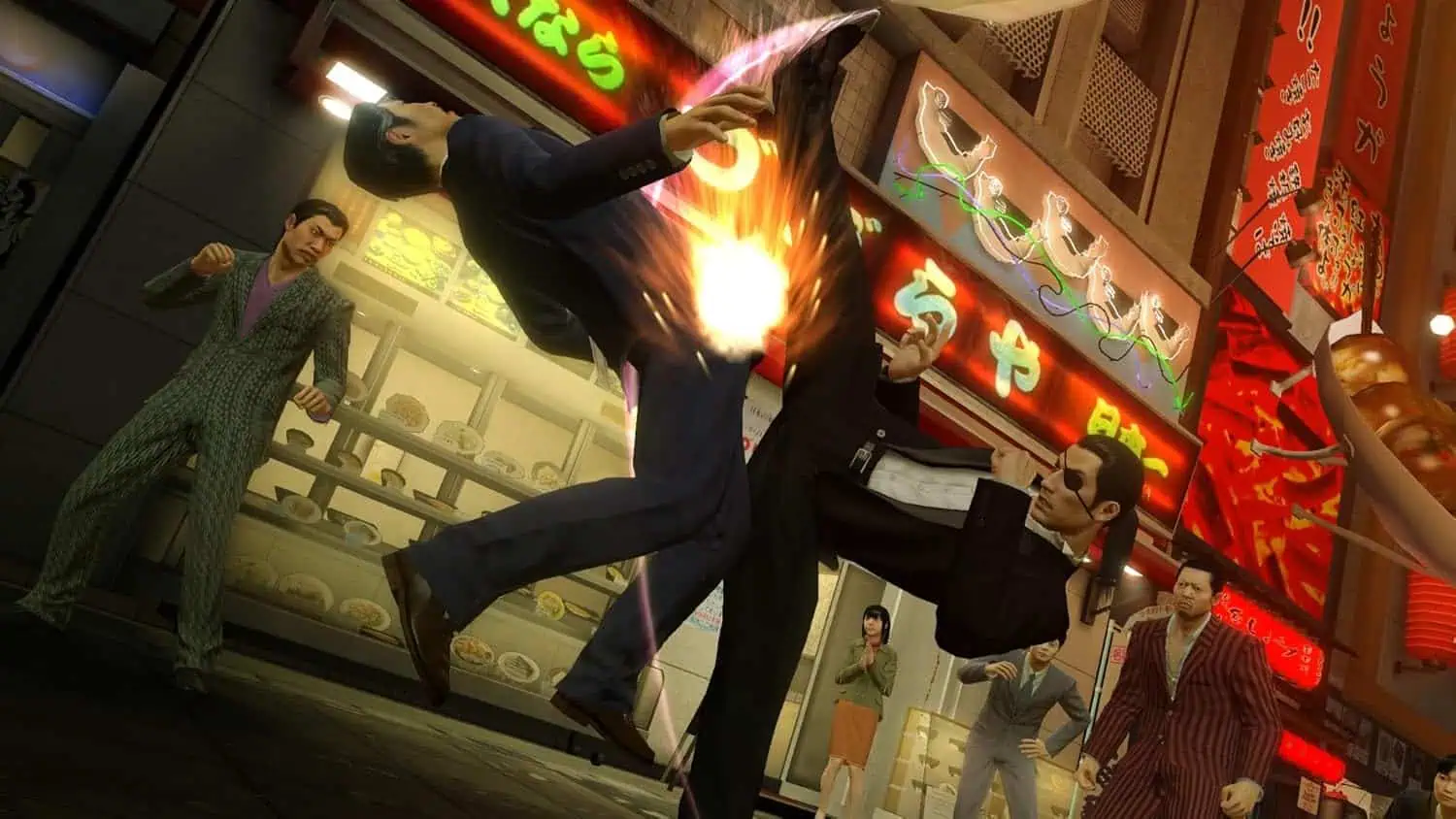Intense fight scene from Yakuza 0 Director's Cut game, showcasing combat and urban environment.