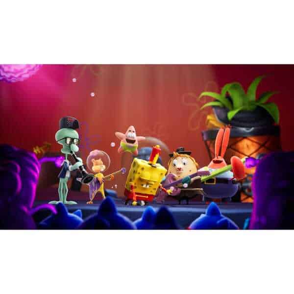 Animated SpongeBob and friends performing on stage with musical instruments.