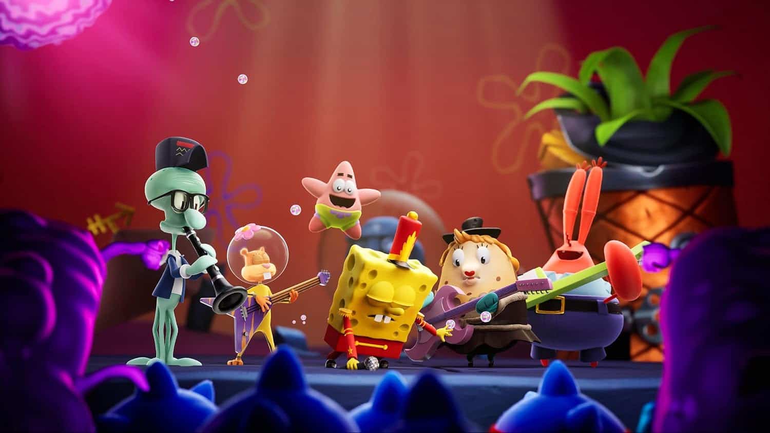 Animated SpongeBob and friends performing on stage with musical instruments.