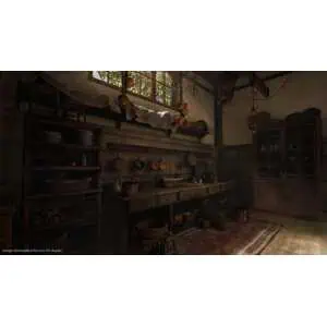 Vintage rustic kitchen with traditional cookware and wooden furniture.