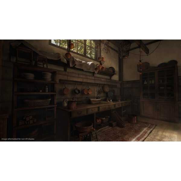 Vintage rustic kitchen with traditional cookware and wooden furniture.