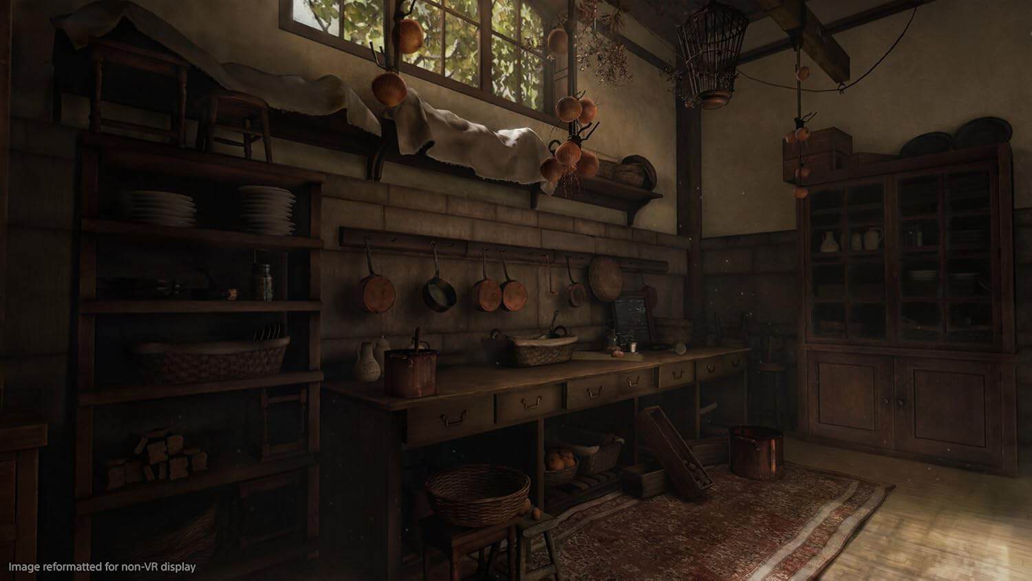 Vintage rustic kitchen with traditional cookware and wooden furniture.
