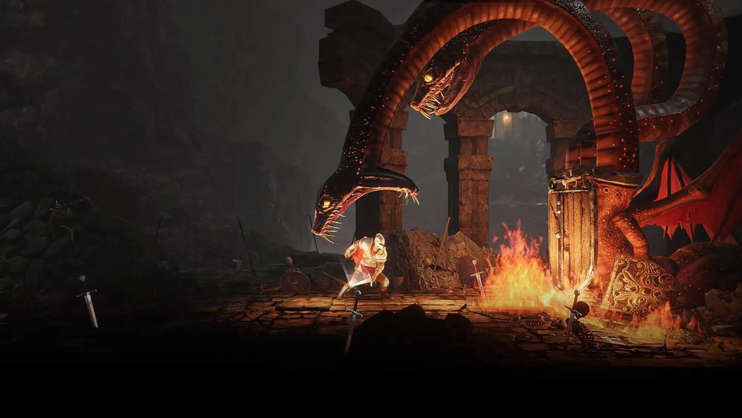 Fantasy scene with a hero battling a dragon near ancient ruins and fire.