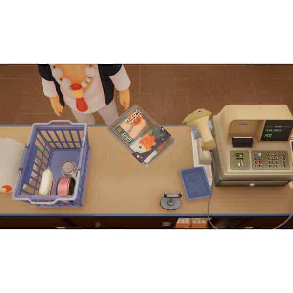 Point of sale system with cash register, shopping basket, and barcode scanner.