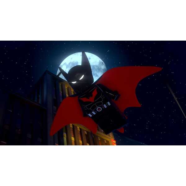 LEGO Batman flying in front of a full moon with a dark night sky.