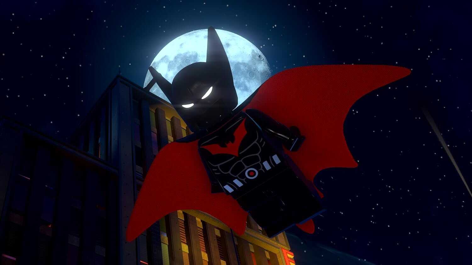LEGO Batman flying in front of a full moon with a dark night sky.