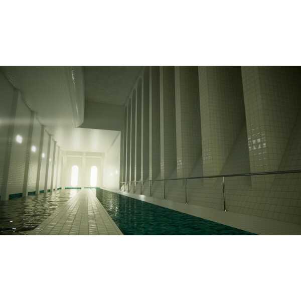 Indoor swimming pool illuminated by natural sunlight through large windows.