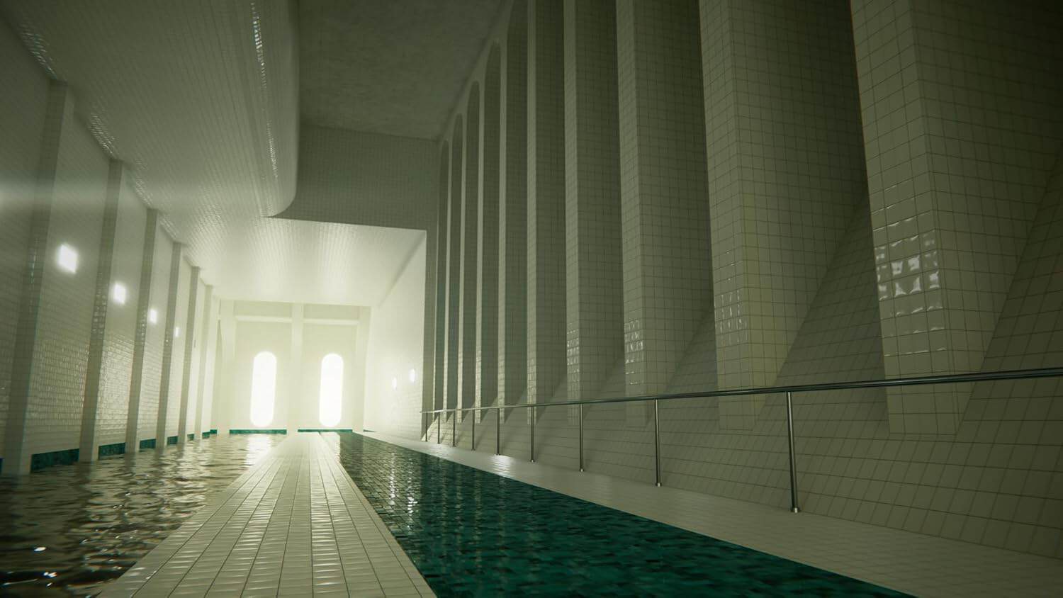 Indoor swimming pool illuminated by natural sunlight through large windows.