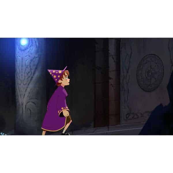 Simon the Sorcerer character in a magical setting, wearing a purple wizard hat and robe.