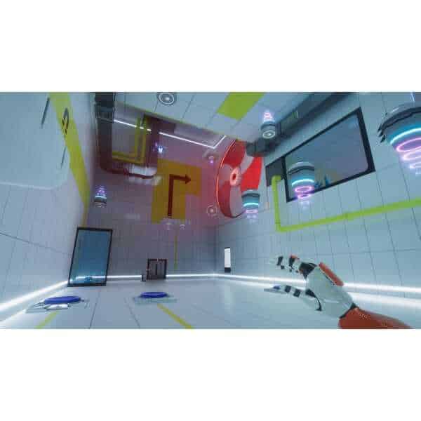 Immersive VR gaming environment with advanced technology and colorful design.