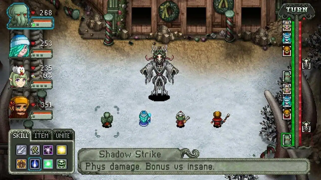 A dark fantasy game scene featuring a boss enemy with a menacing appearance in a snowy environment.