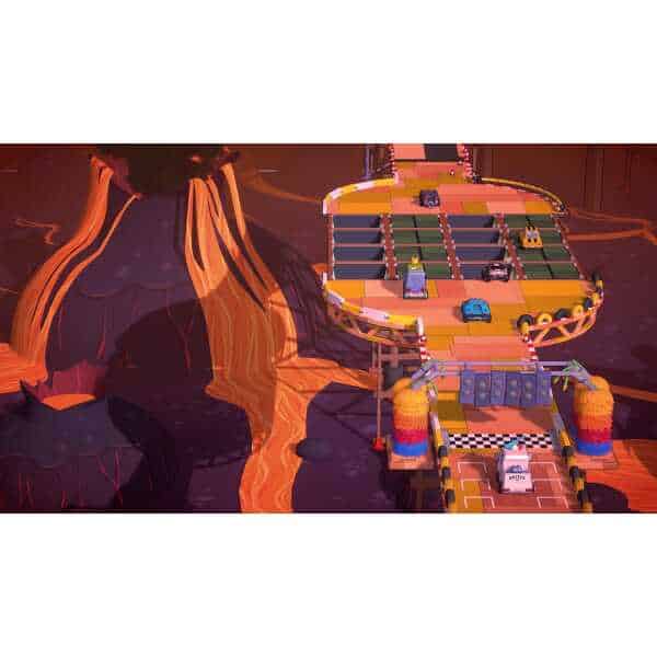 Arcade racing game set on a volcanic island with colorful cars and lava flows.