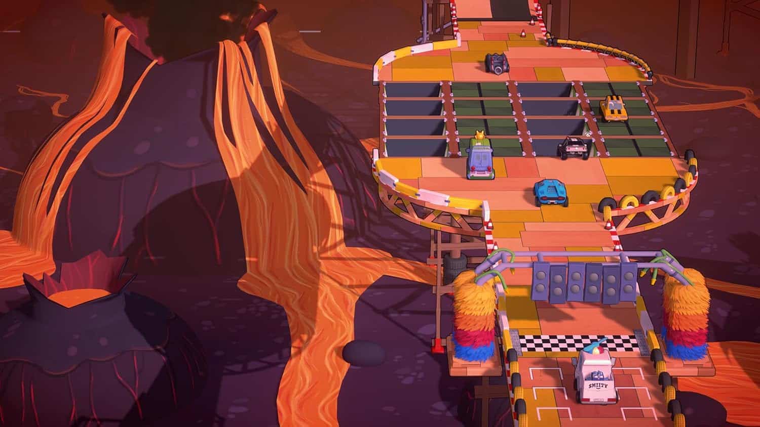 Arcade racing game set on a volcanic island with colorful cars and lava flows.