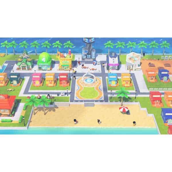Vibrant Tomodachi Life game scene with colorful buildings and beach setting.