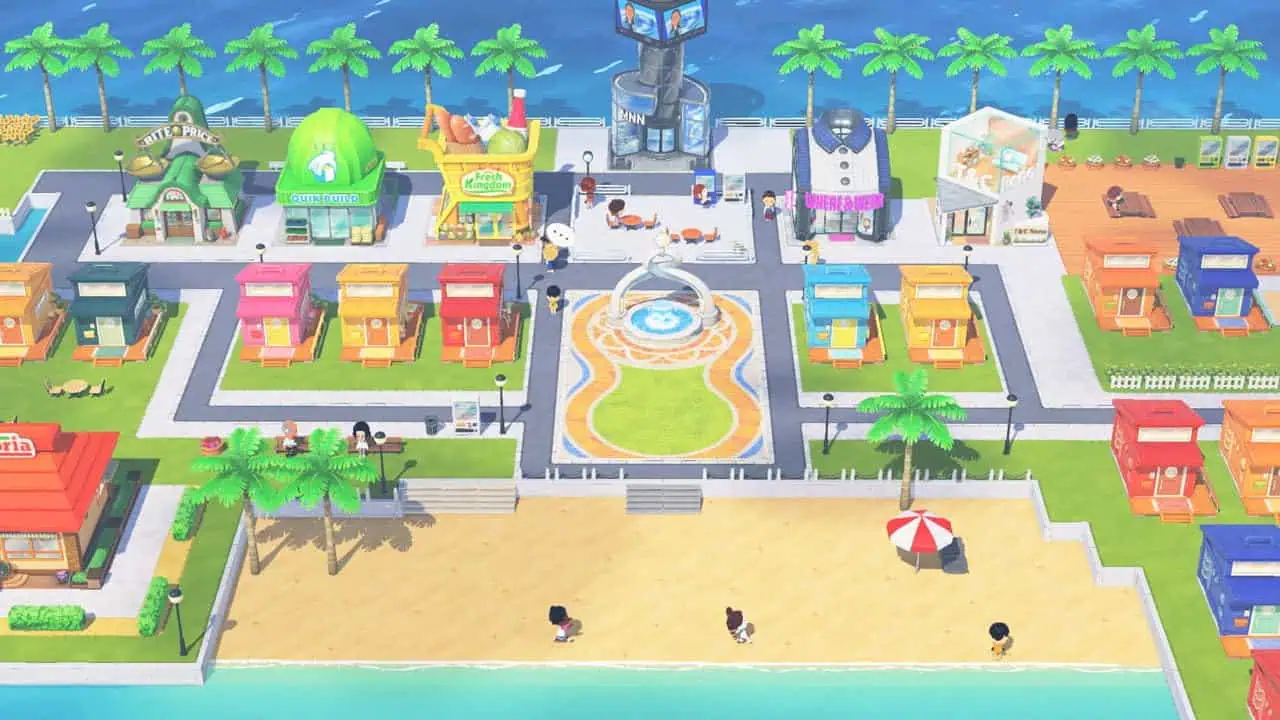 Vibrant Tomodachi Life game scene with colorful buildings and beach setting.