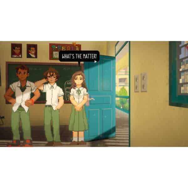 School scene with three students standing in classroom near open door, discussing "What's the matter.