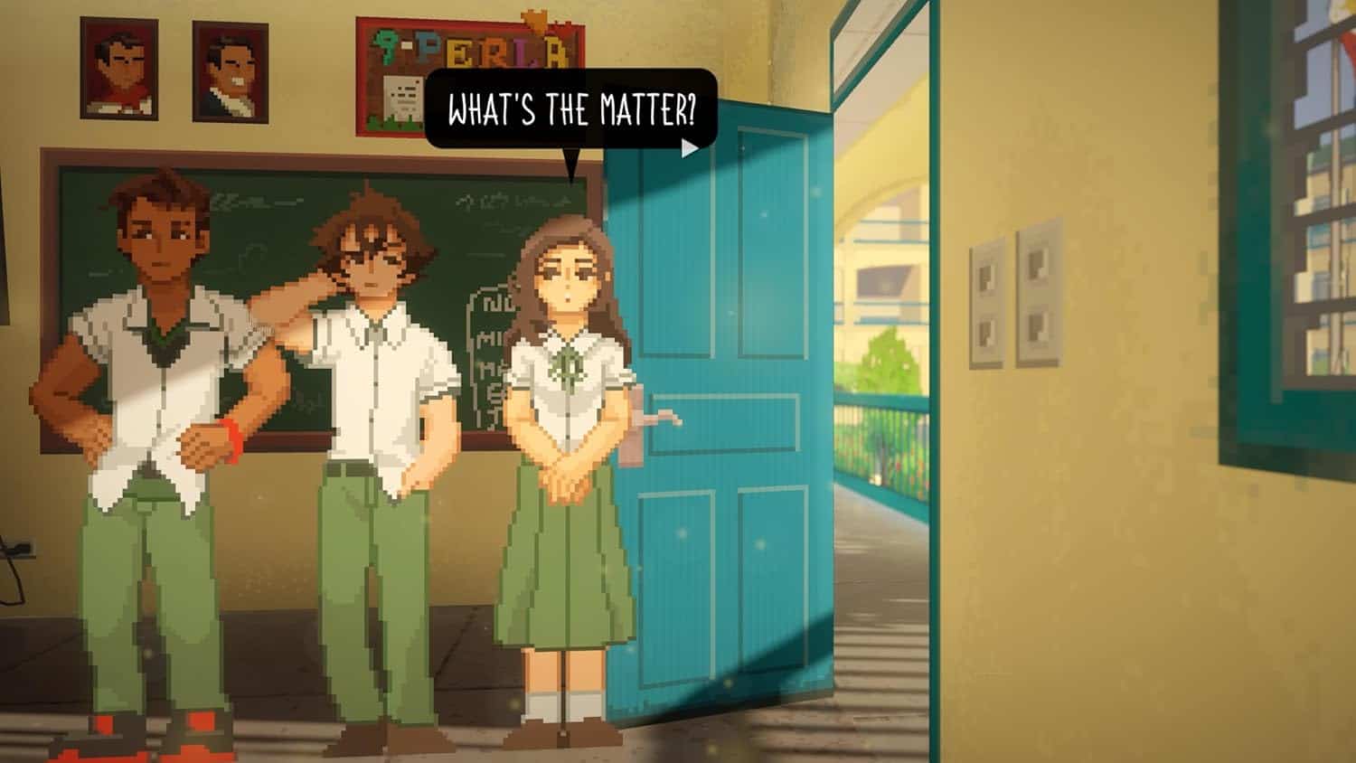 School scene with three students standing in classroom near open door, discussing "What's the matter.