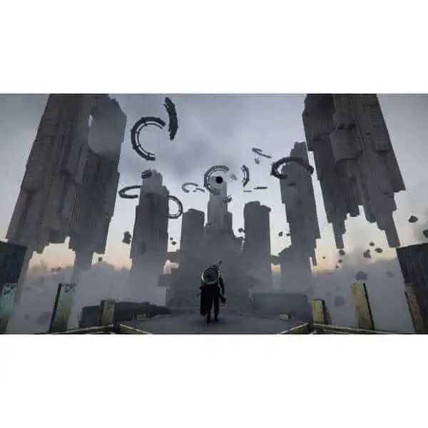 Futuristic cityscape with floating structures and a lone figure in a dark cloak.