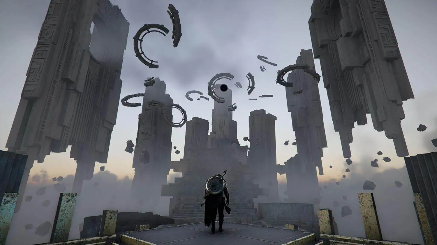 Futuristic cityscape with floating structures and a lone figure in a dark cloak.
