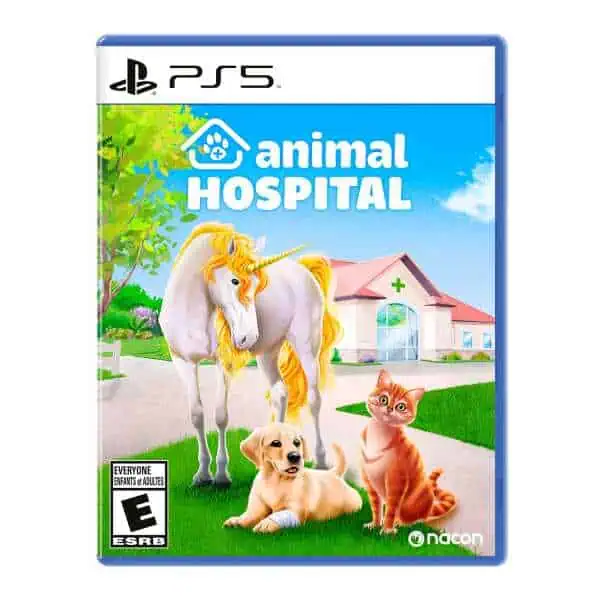 A dog, cat, and unicorn in front of a veterinary clinic on the Animal Hospital game cover for PS5.