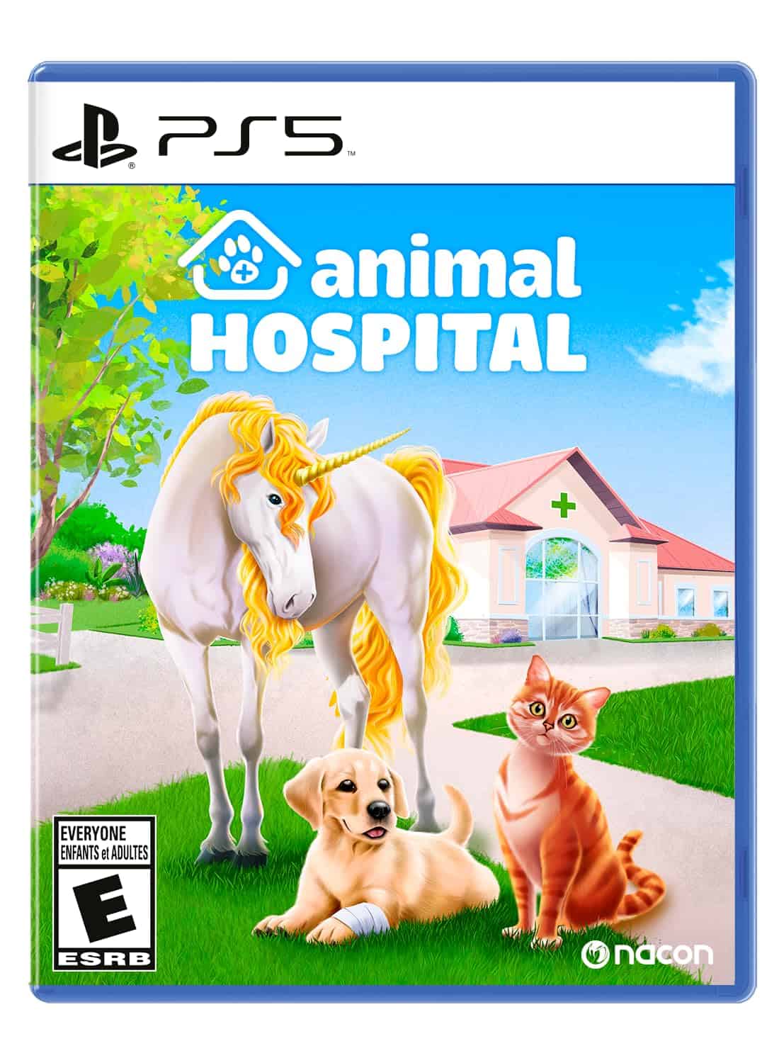 A dog, cat, and unicorn in front of a veterinary clinic on the Animal Hospital game cover for PS5.