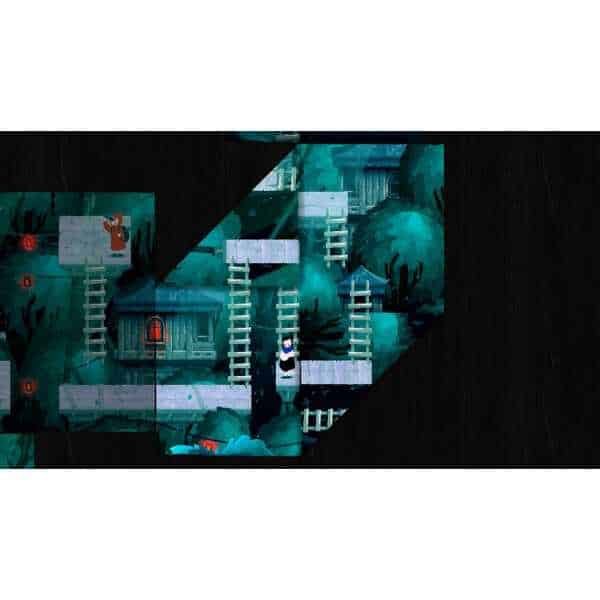 Puzzle game scene with ladders and trees in a forest setting.