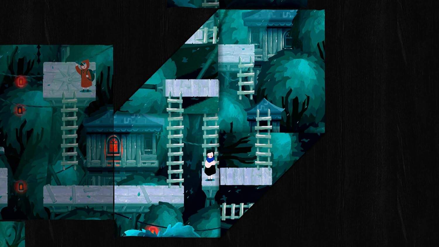 Puzzle game scene with ladders and trees in a forest setting.