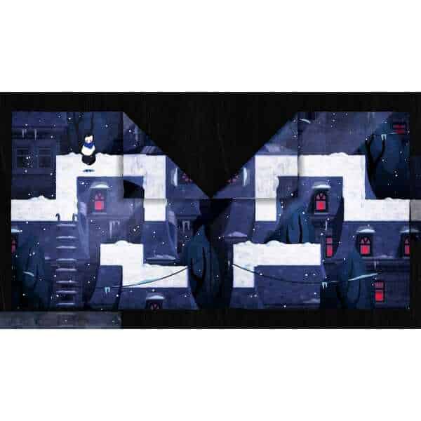 Winter scene with snow-covered rooftops and dark trees at night.