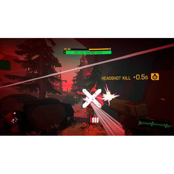 First-person shooter game scene with headshot kill in forest setting.