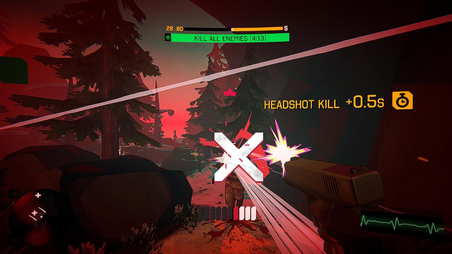 First-person shooter game scene with headshot kill in forest setting.