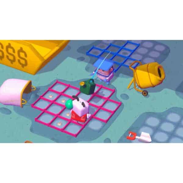 Colorful game scene with a character planting in a grid-based environment.