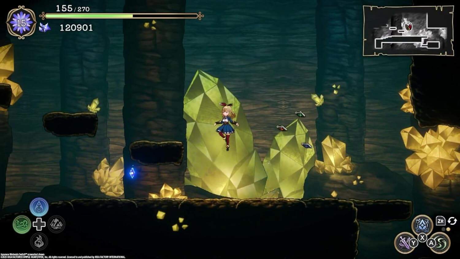 Ariana exploring glowing crystal formations in a mystical cave scene.